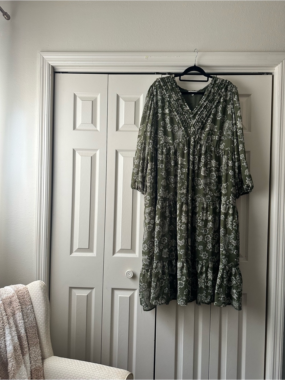 Olive Green Floral V-Neck Tiered Midi Dress by